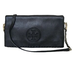 Tory Burch Marion Foldover Black Leather Clutch